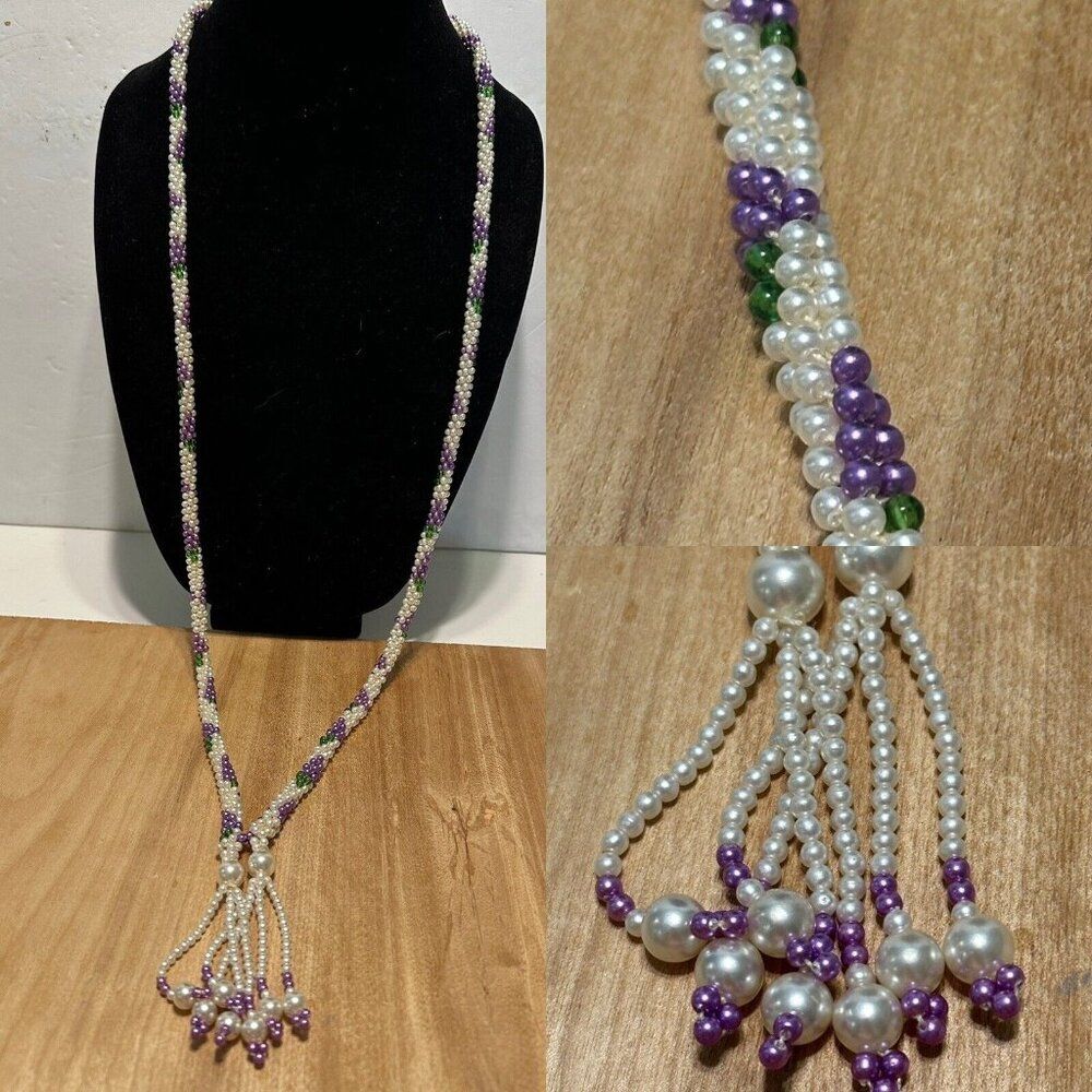 Slip On White Purple Green Beaded Statement Necklace Long Tassel Boho